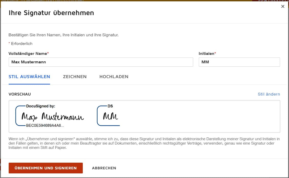 Mainzer Netze DocuSign Signatur Schritt 3_Signaturarten Name eingeben