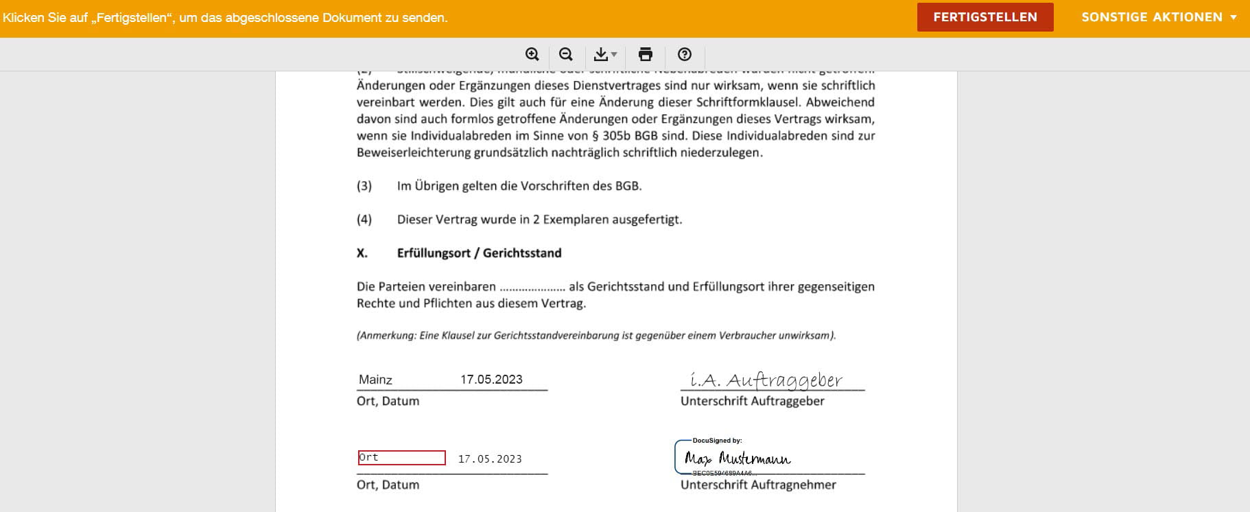 Mainzer Netze DocuSign Signatur Schritt 5_Signatur eingefuegt und abschliessen